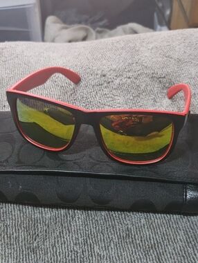 Surf Sport Mens Red-Trim Black Sunglasses with Yellow Mirrored Lenses. New